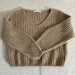 Altar'd State Women's Sweater Large Hemp Brown Boxy Crop Chunky Knit Boho Vneck